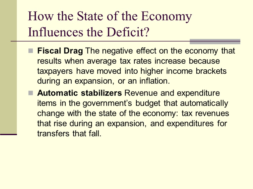 How the State of the Economy Influences the Deficit? Fiscal Drag The negative effect